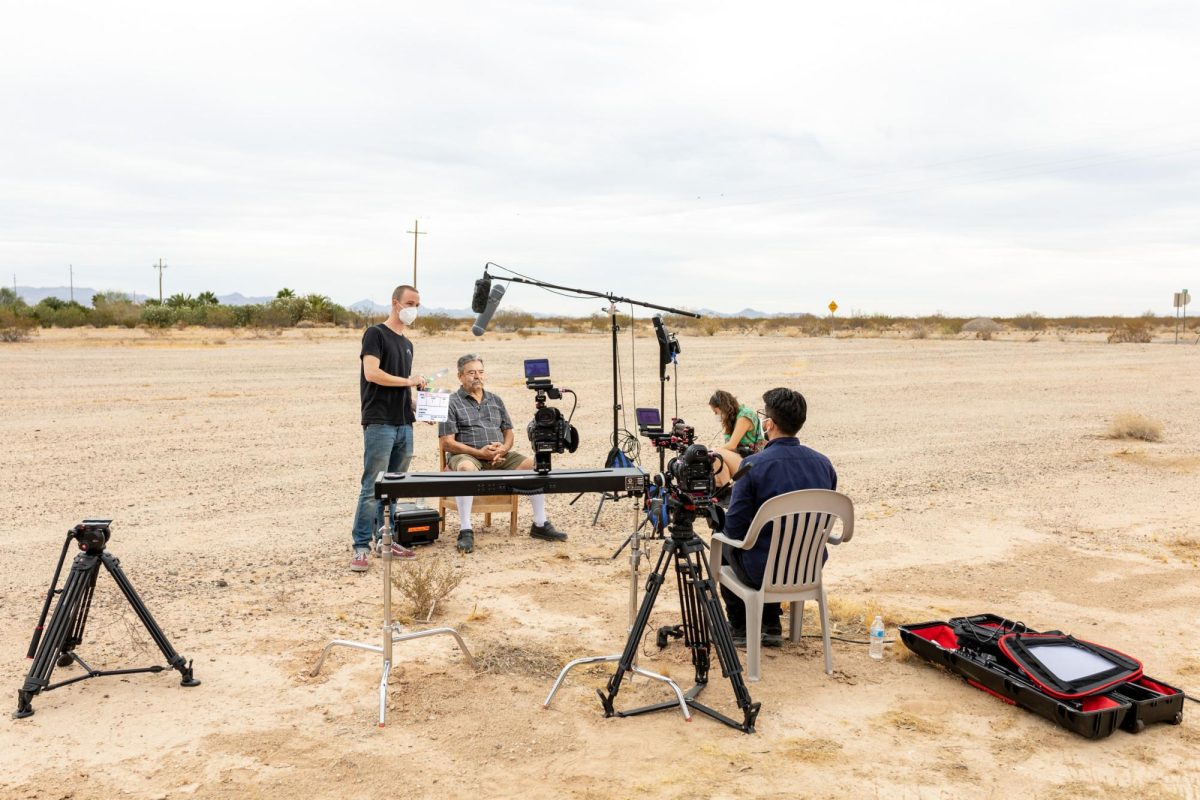 A still shot of cinema professor Daniel Bernardi and students filming on the set of ‘From Mexico to Vietnam: A Chicano Story.’ The movie was selected in over 15 international festivals, winning numerous awards. (Photo courtesy of  Daniel Bernardi)
