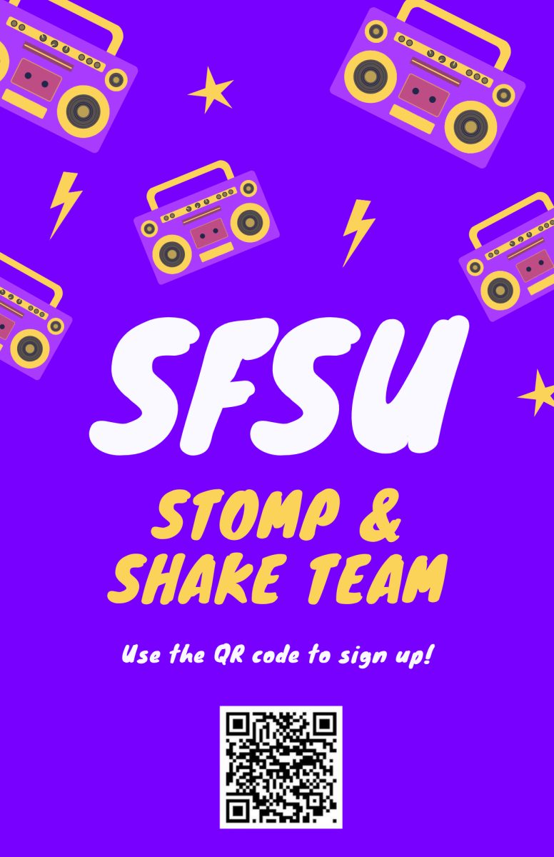  Poster of the Stomp and Shake Team. The QR code will direct you to their official Instagram page @sfstate_stompandshake where you can sign up to try out. Dec, 14, 2023. (Graphic by Colin Flynn/ Golden Gate Xpress) 