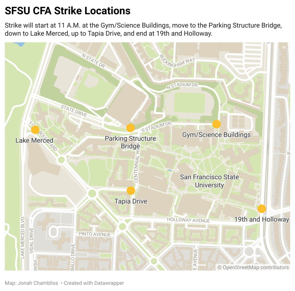 A map showing the five locations CFA Union members will hold picket lines at SFSU on Dec. 04, 2023. (graphic by Jonah Chambliss/Golden Gate Xpress)

