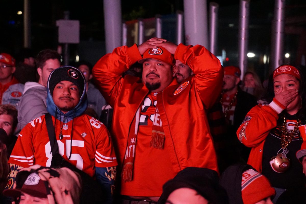 Fans were left speechless after the 49ers lost yet another Super Bowl to the Kansas City Chiefs at the East Cut watch party in San Francisco on Feb. 11, 2024. (Bryan Chavez / Golden Gate Xpress)