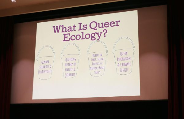 A brief definition of Queer Ecology is shown during the “Can’t Stop Change: Queer Climate Stories from Floridas Frontline” screening event in Knuth Hall on Feb. 28, 2024. (Molly Guttierrez special to Golden Gate Xpress)