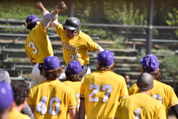 Jacob French (34) celebrates his first collegiate home run with teammate Armando Murillo (3) in a game versus no. 11 Cal State San Bernardino at San Francisco State University’s Maloney Field on Saturday, Feb. 24, 2024. (Vanden Harris special to Golden Gate Xpress)