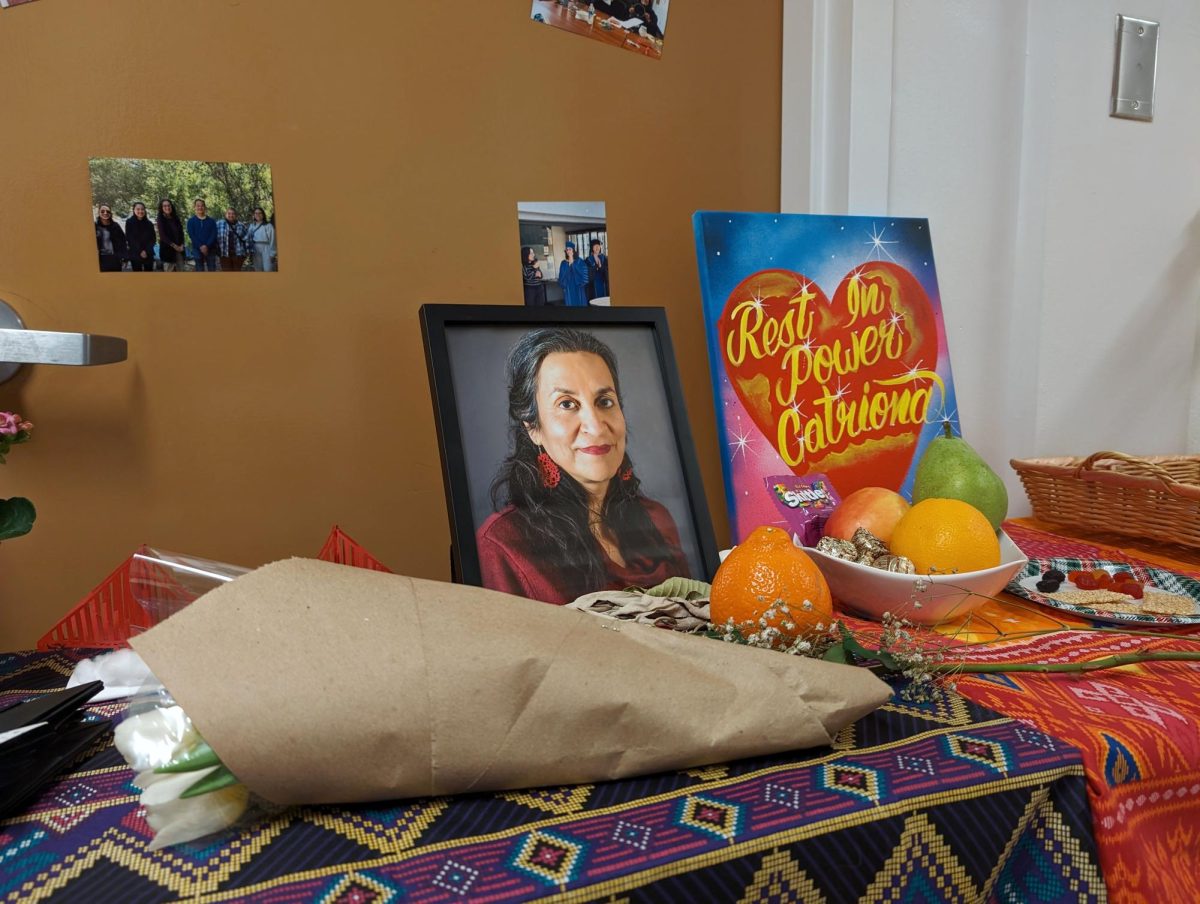 A memorial table honoring Catriona Rueda Esquibel on the ground floor of the Ethnic Studies and Psychology building on Feb. 15, 2024. (Neal Wong/Golden Gate Xpress)