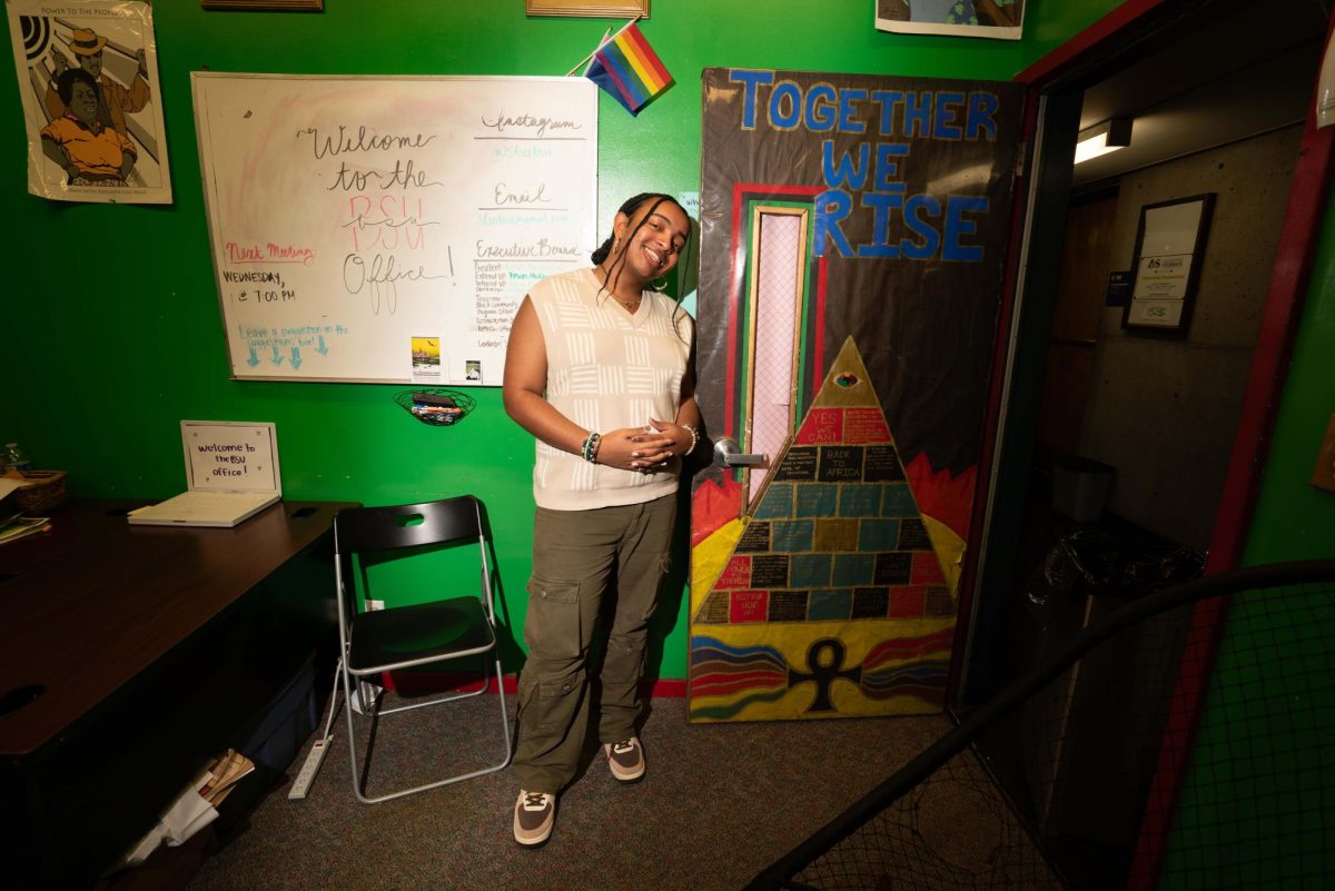 Tyson Haddock, a 4th-year BECA major at San Francisco State University  and Black Student Union external vice president, poses inside the BSU office on Friday. (Gustavo Hernandez / Golden Gate Xpress)
