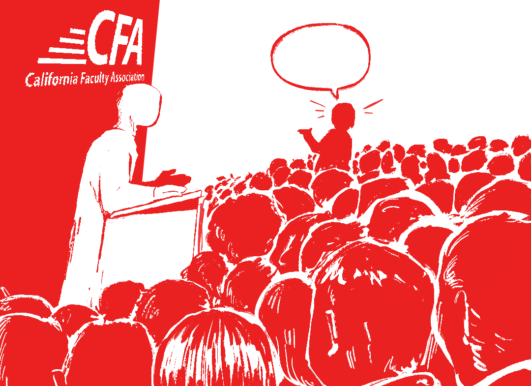  An illustration of a CFA rank and file member asking a question at the state-wide town hall meetings that were held from Jan. 31 to Feb. 8, 2024. (Xiomara Izel Guevara special to Golden Gate Xpress)