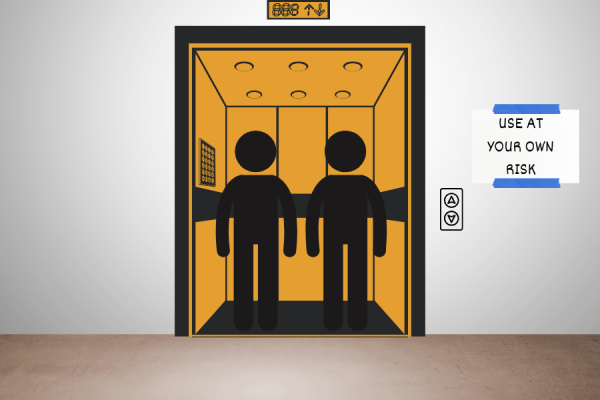 An illustration of students entering an elevator in Manzanita Square. (Sophia Osborn / Golden Gate Xpress)