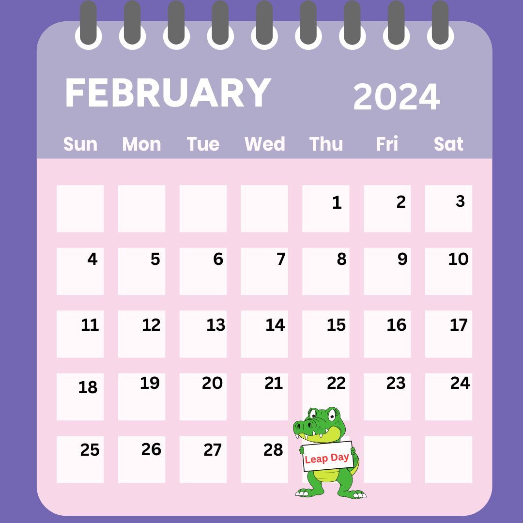 An illustration showing the month of February with a gator on leap day. (Bryan Chavez / Golden Gate Xpress)