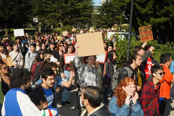 Hundreds of students ended the walkout by gathering near the administration building, where they listened to speakers on Feb. 28, 2024. (Neal Wong/Golden Gate Xpress)