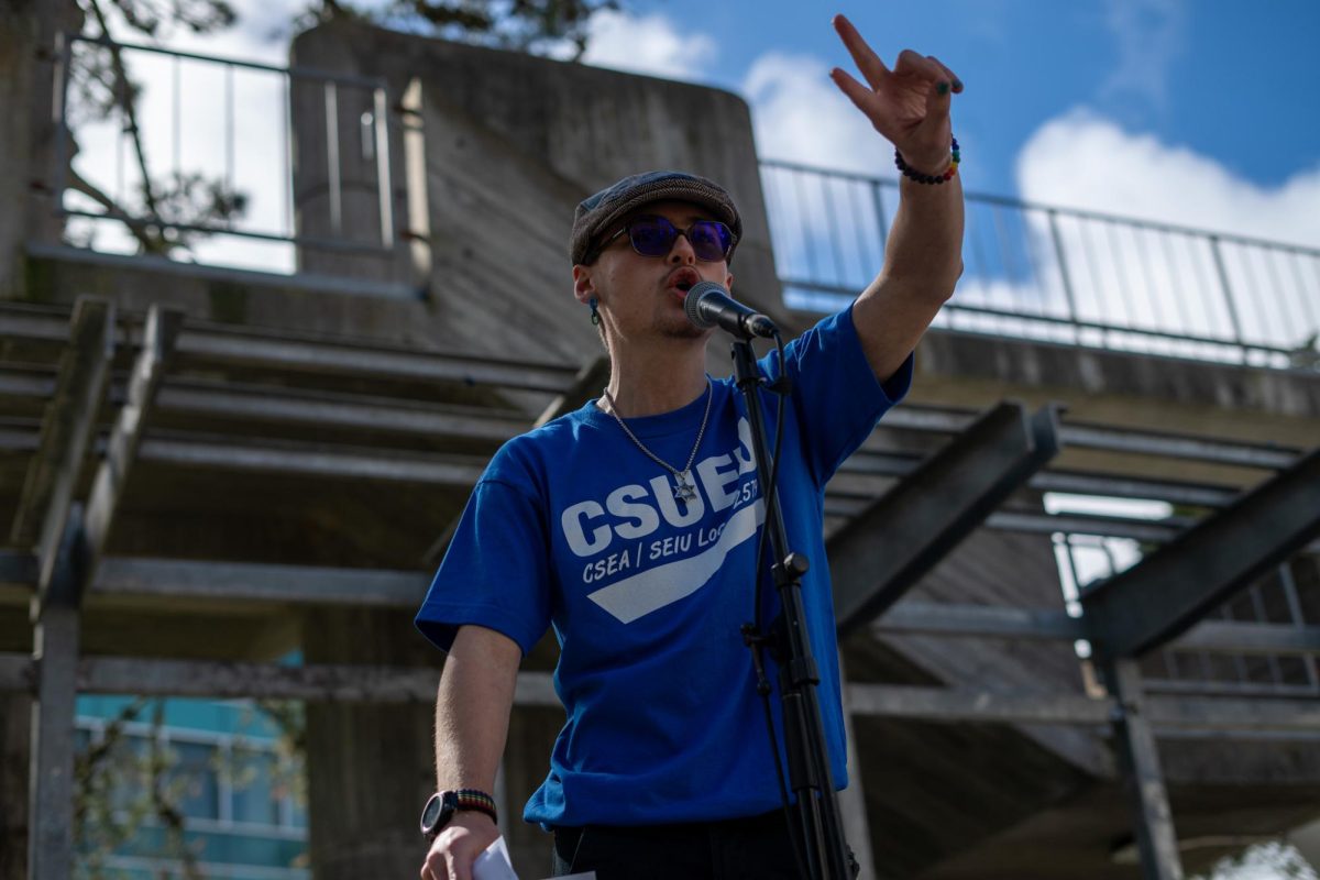 Maddux Eckerling, a CSUEU-SFSU organizer and first-year student, speaks to a crowd of students and faculty at Malcolm X Plaza on Feb. 26, 2024. (Sean Young / Golden Gate Xpress)