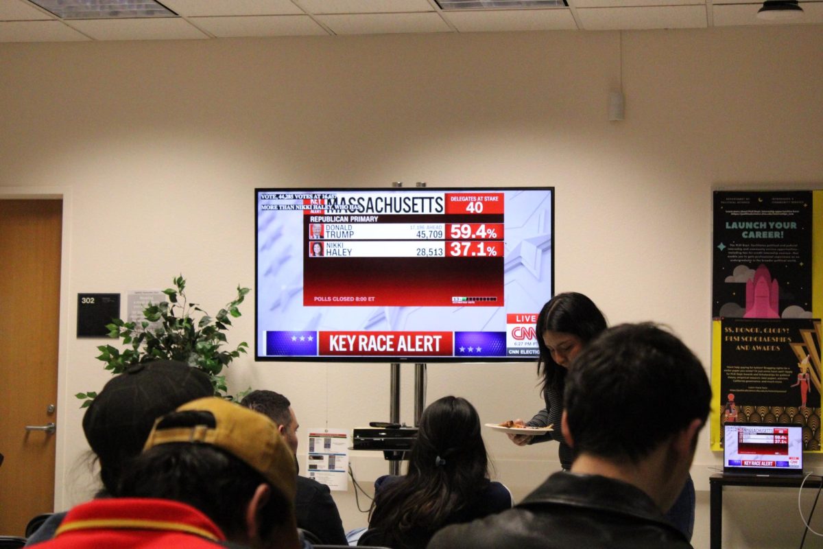 Poli-sci students attend the Super Tuesday event in Humanities 304 on March 5, 2024. Some were in groups discussing politics and others enjoyed food and beverages as the TV was tuned to CNN. (Luke Cramer / Golden Gate Xpress)