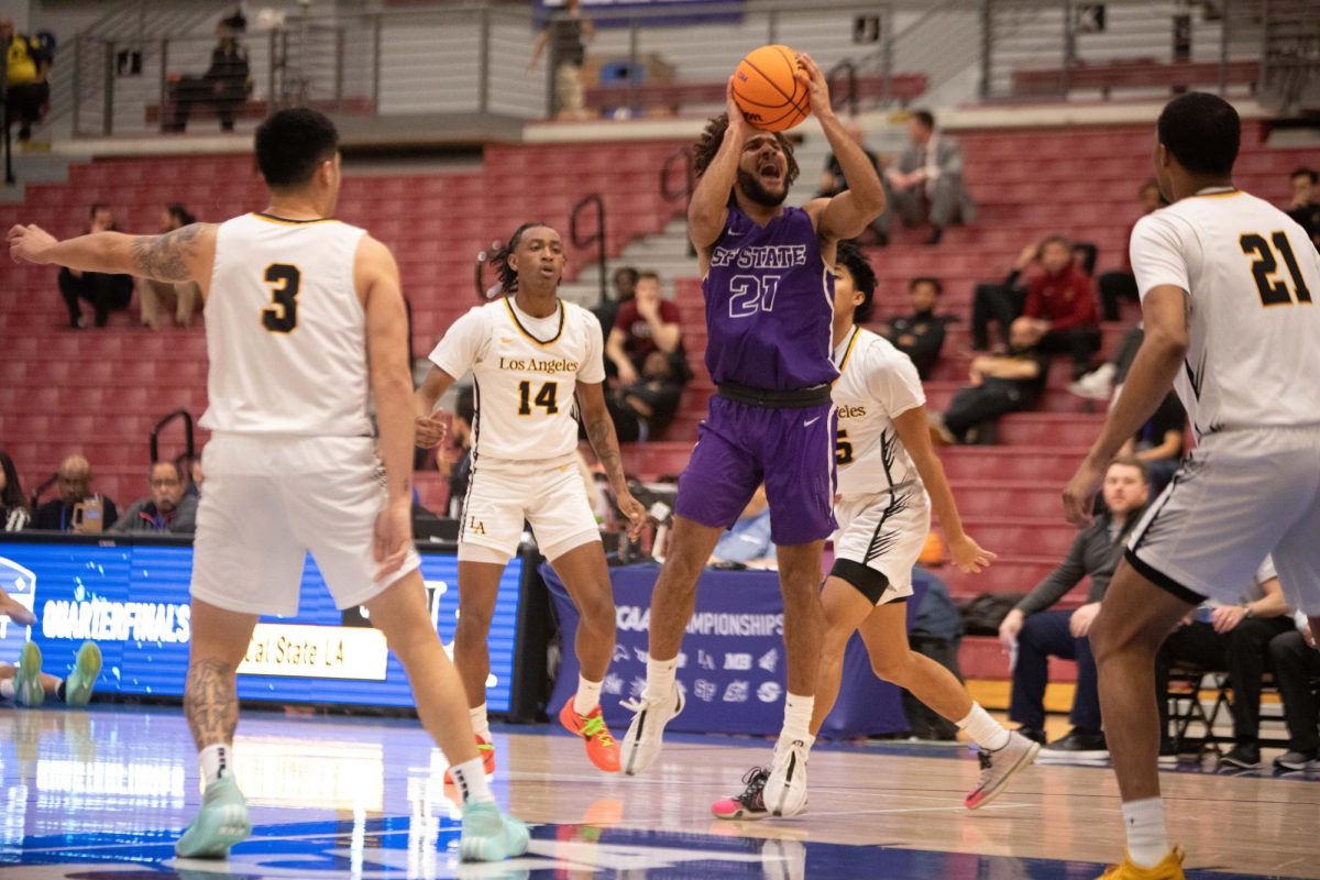 Donovan Cooks takes a shot during the first half of the CCAA Division II basketball tournament quarter-finals on March 7, 2024. (Kathia Noriega/Golden Gate Xpress)