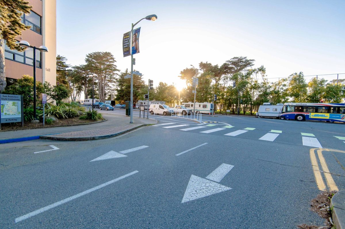 A view of the intersection of Lake Merced Boulevard and State Drive leaving campus on Feb. 27, 2024. (Matthew Ali/Golden Gate Xpress)
