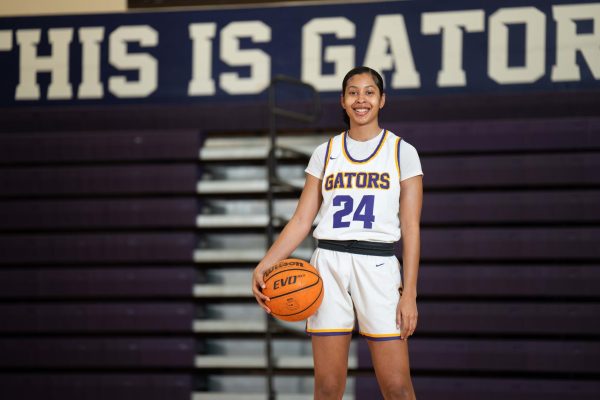 Sage Bridges-Bey, a San Francisco State University women’s basketball player, poses in the Gymnasium on Thursday, March 21, 2024. Bridges-Bay recently received AII CCAA honors. (Gustavo Hernandez / Golden Gate Express) 
