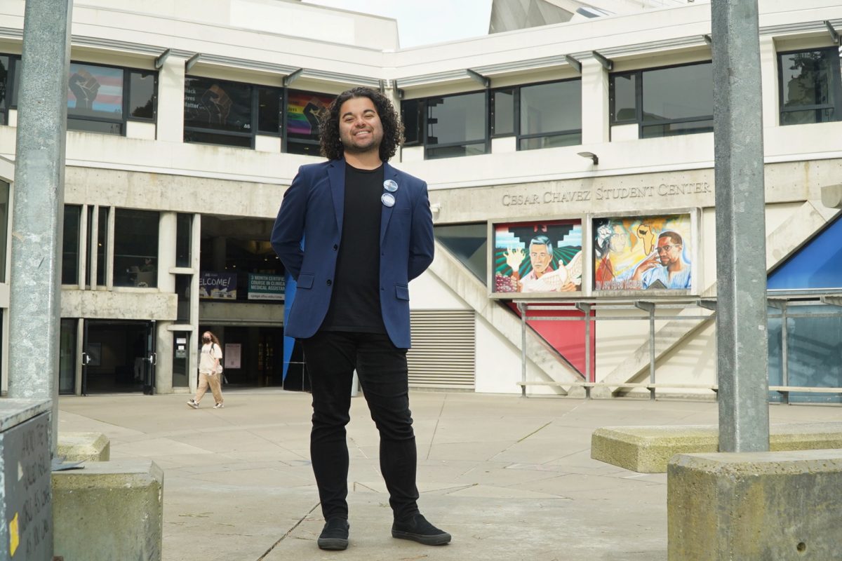 Joshua Rudy Ochoa poses for a portrait in Malcolm X Plaza on Friday, Feb. 23, 2024. (Neal Wong / Golden Gate Xpress)
