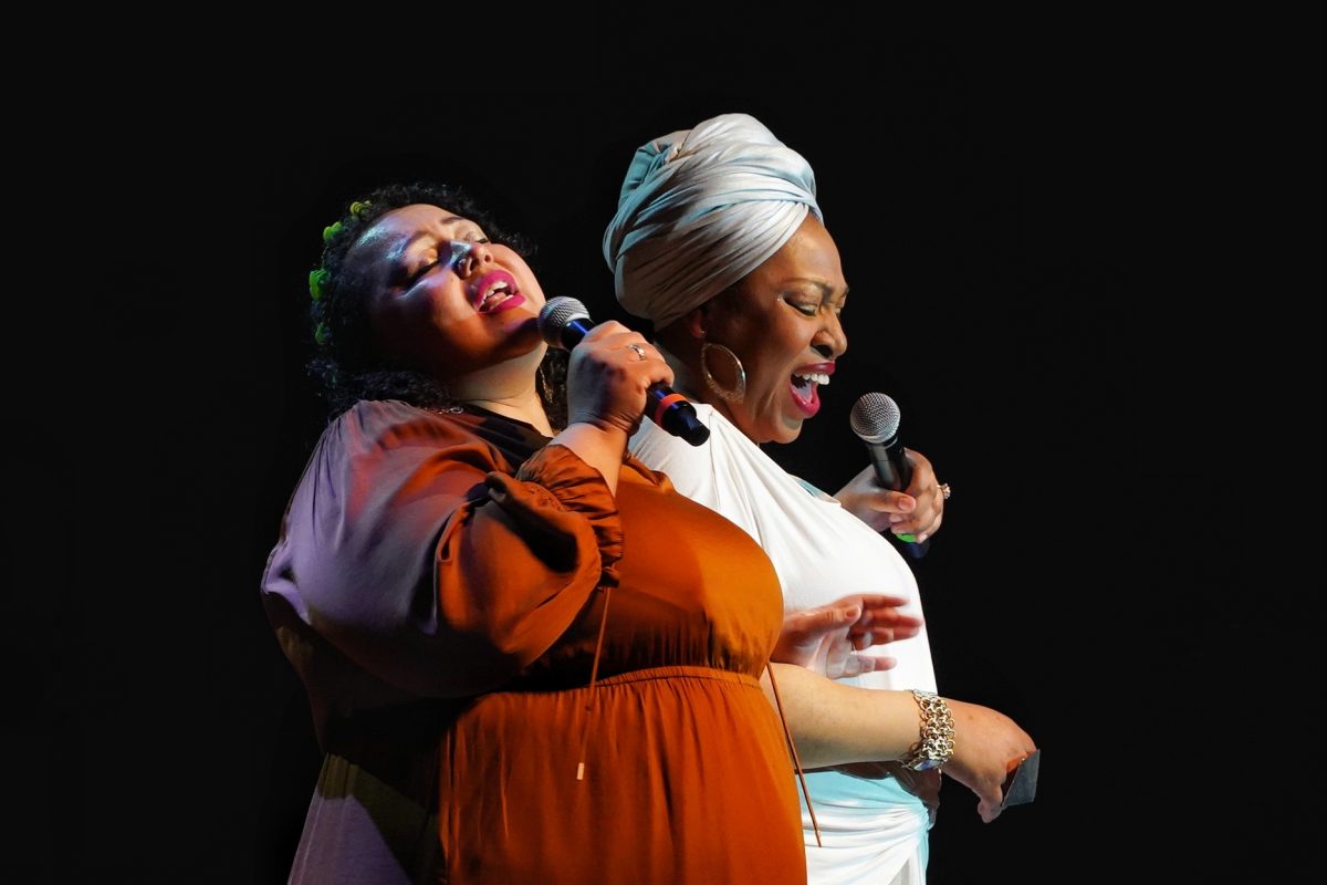  Brianna Thomas (left) and Charenee Wade sing during a performance of “The Sound of (Black) Music” in McKenna Theatre on Feb. 29, 2024. (Neal Wong/Golden Gate Xpress)