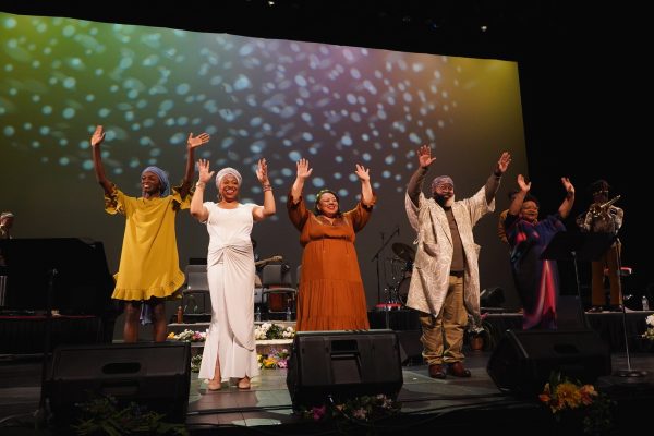 (L-R) Zhanna Reed, Charenee Wade, Brianna Thomas, C. Anthony Bryant and Vanisha Gould wave as they finish a performance of “The Sound of (Black) Music” in McKenna Theatre on Feb. 29, 2024. (Neal Wong/Golden Gate Xpress)