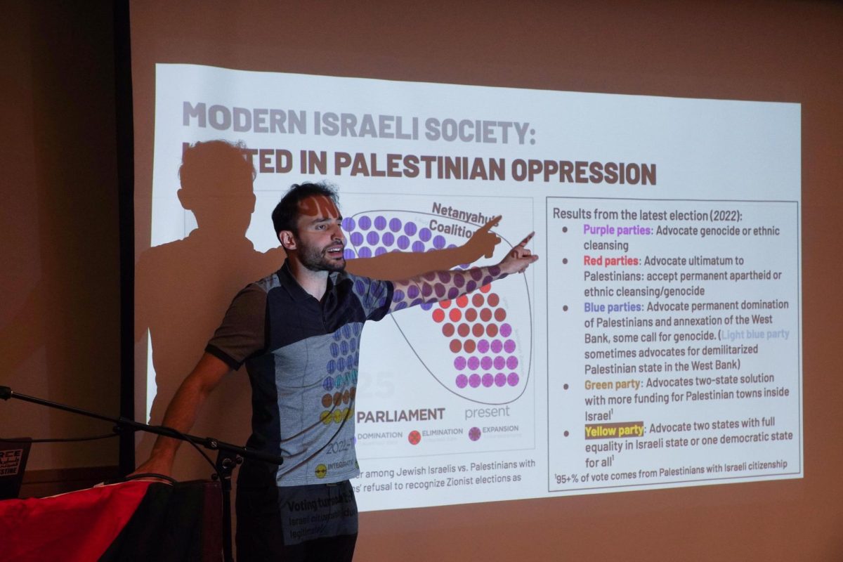 Saif Yaffawi, a member of the Palestinian Youth Movement, points to a Powerpoint presentation discussing the Israeli government in the Rosa Parks conference wing on April 2, 2024. (Kiren Kaur / Golden Gate Xpress)