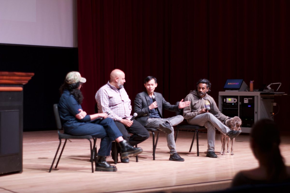 (L-R) Docuvist moderator Chloë Fitzmaurice, “Water Warrior” filmmaker Micheal Premo, NorCal producer Charles Lou and cinema professor Mayuran Tiruchelvam, speak at a Q&A panel at Climate Headquarters’ 2nd annual Earth Week Film Festival on Thursday evening in Knuth Hall. (Natalie Rocha / Golden Gate Xpress)