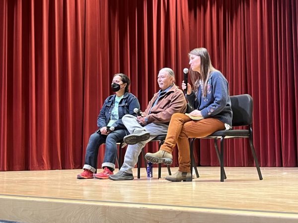 Select caption: (L-R) Loa Nuimeitolu, Gregg Castro and Melissa K. Nelson speaking at the Asserting Indigenous Sovereignty: Defending Indigenous Land Rights panel on April 25, in Knuth Hall at San Francisco State University. (Jonah Chambliss / Golden Gate Xpress)