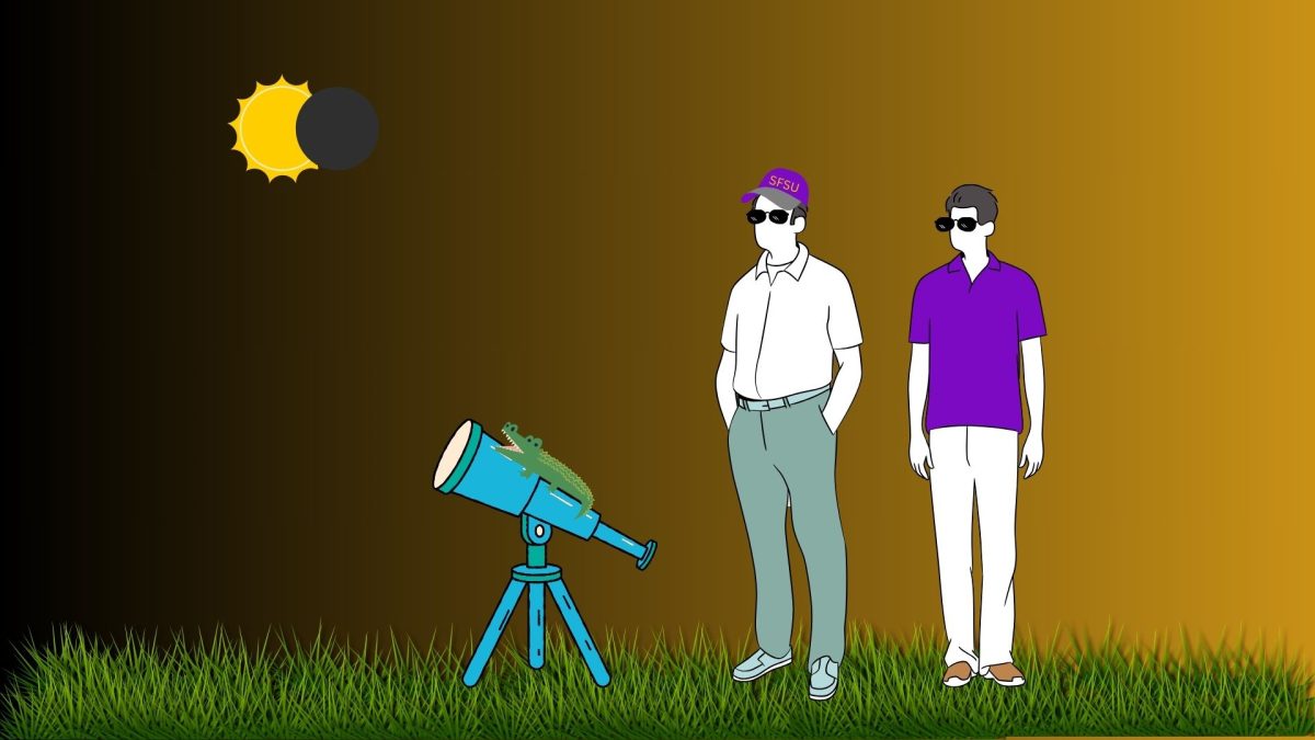 An illustration of two students at SFSU next to a telescope as the moon begins to cover the sun during a solar eclipse. (Bryan Chavez / Golden Gate Xpress)
Map: A map shows where the two telescopes will be located in preparation for the solar eclipse. (Bryan Chavez / Golden Gate Xpress) 