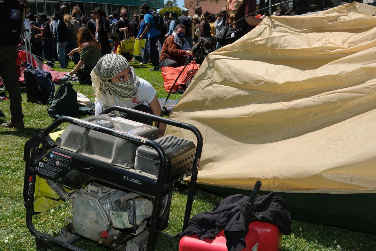 A person sets up a tent in the encampment in the Quad on Monday, April 29, 2024. People brought tents, water, generators and other equipment to sustain the protest. (Andrew Fogel/Golden Gate Xpress)