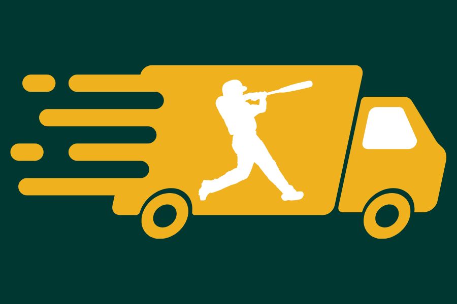  An illustration of a moving truck with a baseball player on the side in green and gold, the official colors of the Oakland Athletics. (Sean Young / Golden Gate Xpress) 