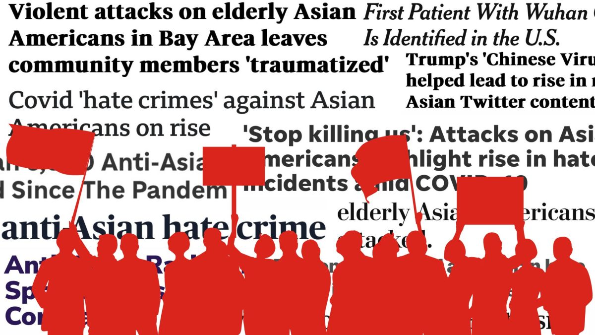 A graphic illustration of headlines from various American news publications related to anti-Asian violence at different points of the COVID-19 pandemic. (Sunthi Jong / Golden Gate Xpress)