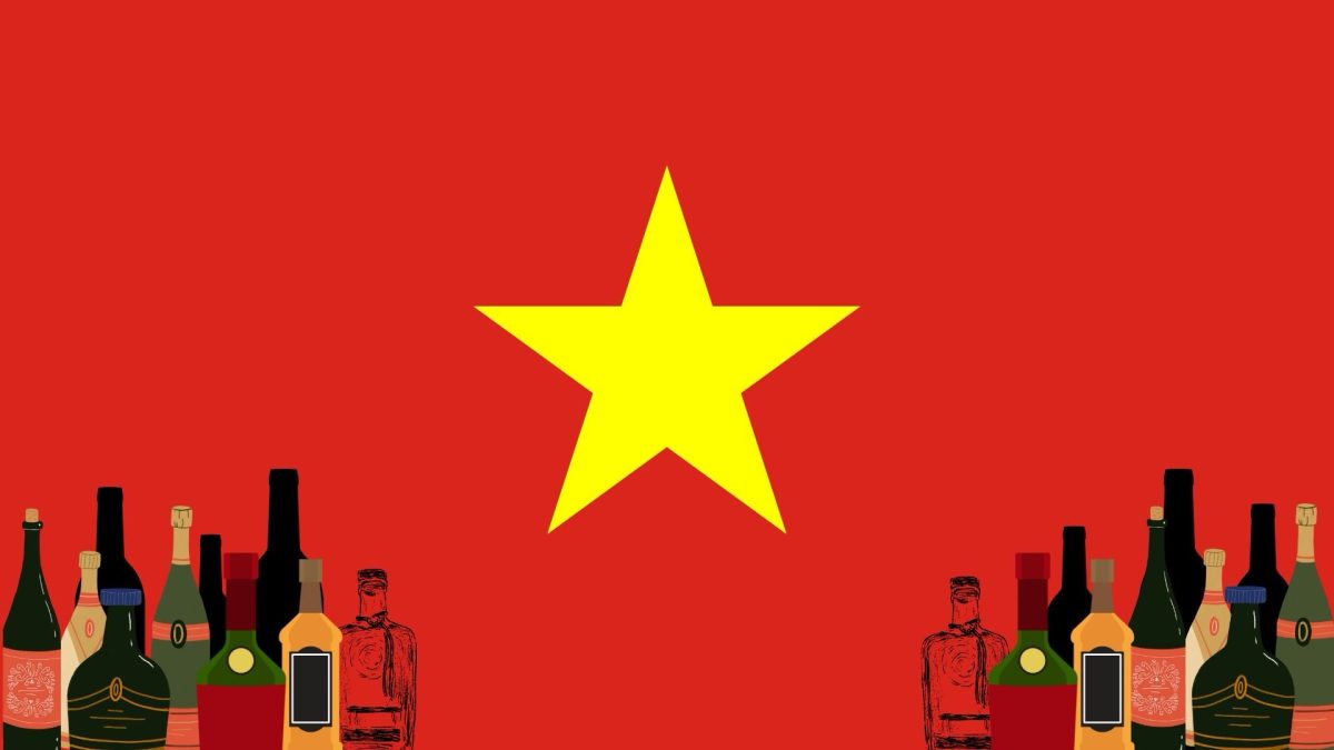 A graphic illustration of the Vietnamese flag with bottles in the foreground. (Sunthi Jong / Golden Gate Xpress)