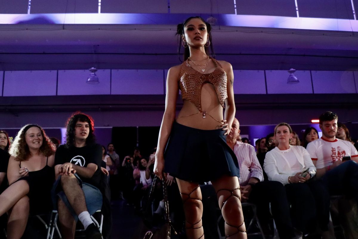 San Francisco State student models a Bratz-inspired outfit handmade by student designers at the Pulse Runway Show on May 9, 2024. (Adriana Hernandez/Golden Gate Xpress)