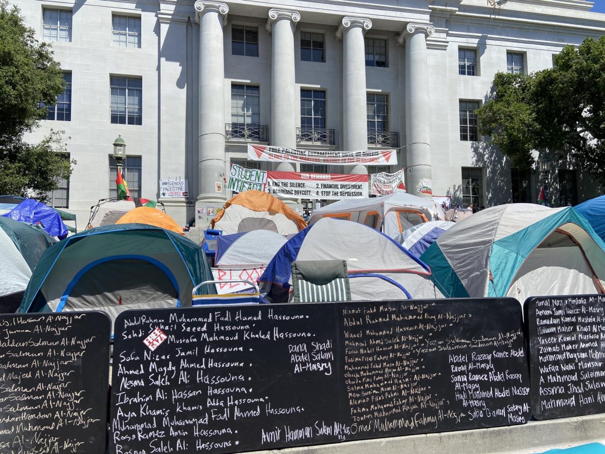 The University of California, Berkeley encampment alongside its list of demands on May 3, 2024, outside of Sproul Hall. (Jake Knoeller / Golden Gate Xpress)