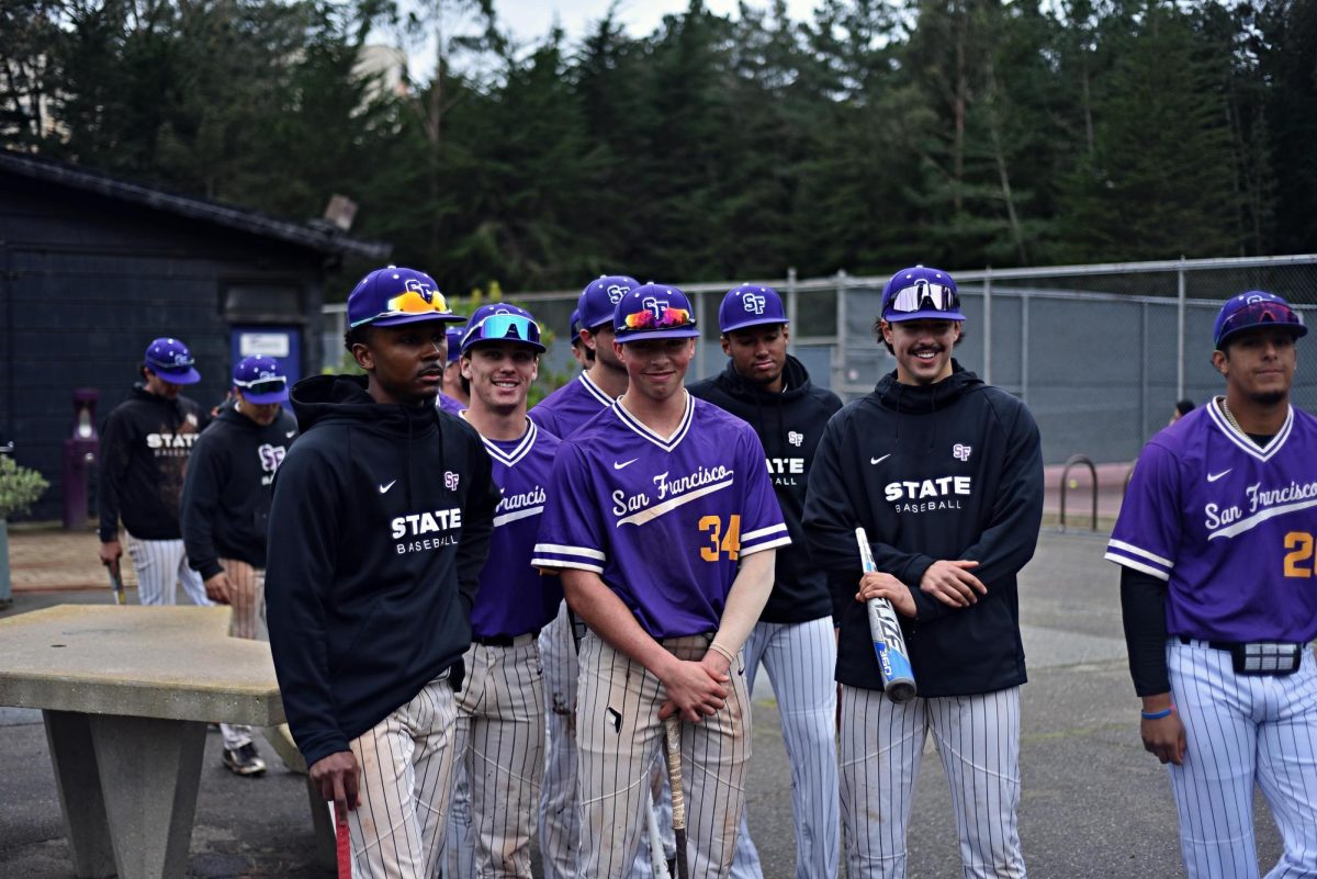 Members of San Francisco States baseball team bring their bats out for inspection before a game against Montana State University Billings at San Francisco State University’s Maloney Field on Feb. 4, 2024. (Left to Right: Cole Thompson, River Diaz De Leon, Jacob French, Justin Johnson, Joseph Scalzo) (Vanden Harris special to Golden Gate Xpress)