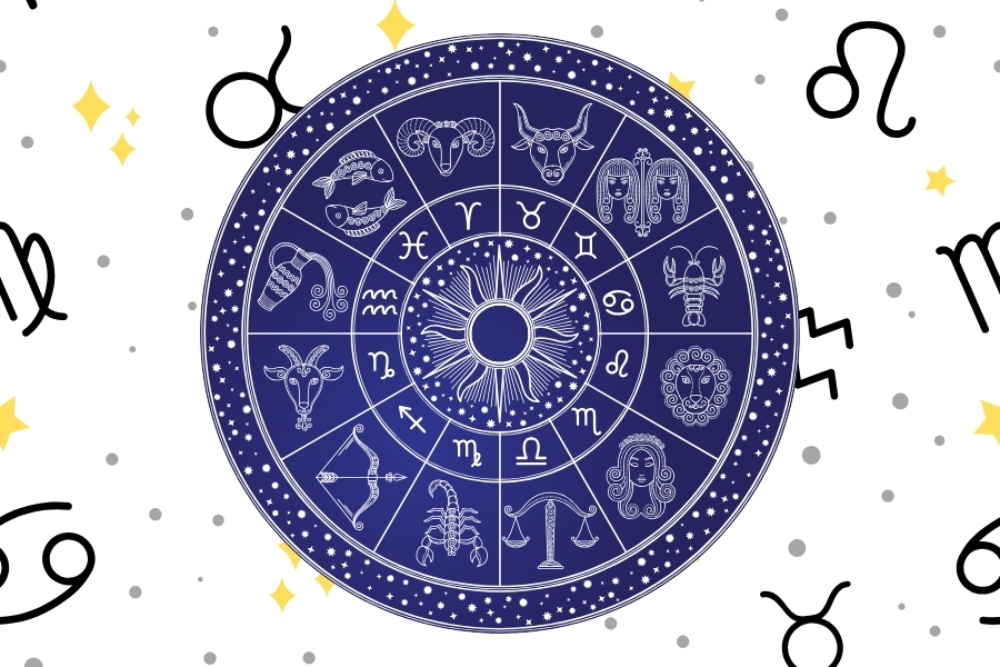 A graphic with a circular chart that indicates the twelve astrological signs. (Kiren Kaur / Golden Gate Xpress)