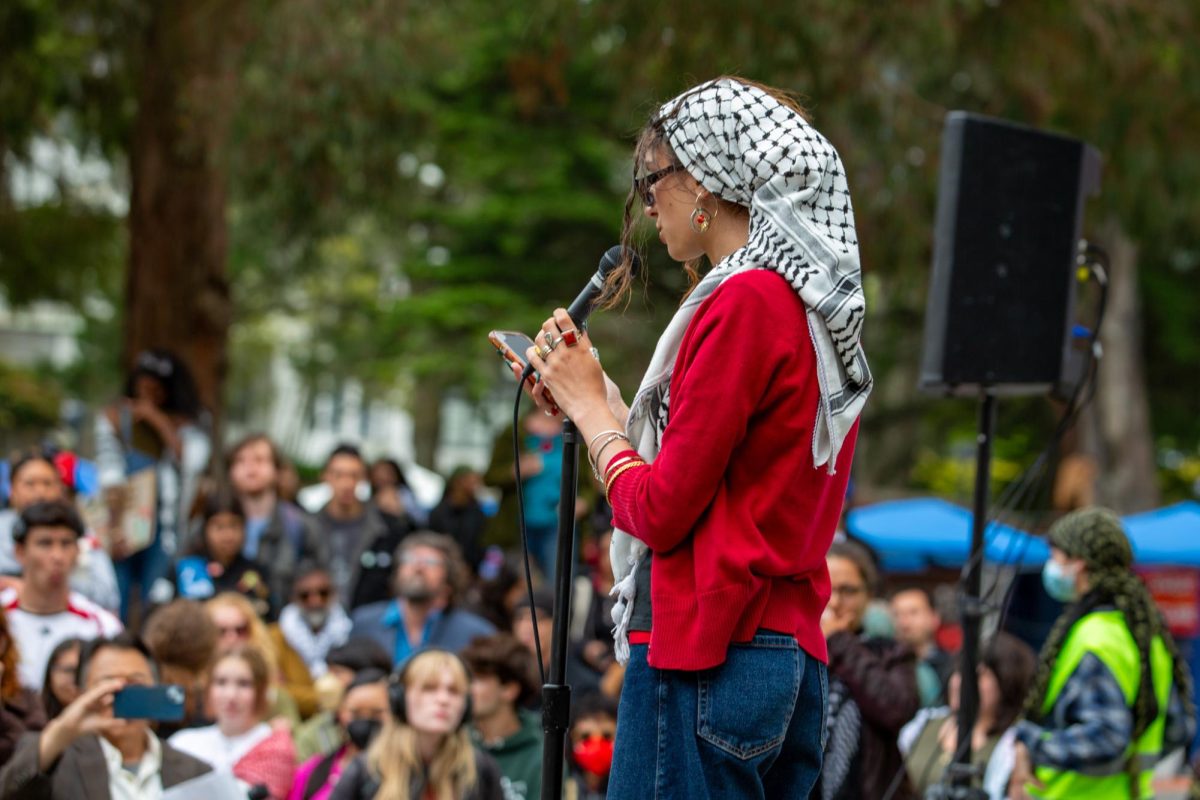 GUPS President Ziniab Imtair addresses the crowd at a rally in Malcolm X Plaza on Wednesday, May 15, 2024. (Dan Hernandez / Golden Gate Xpress)
