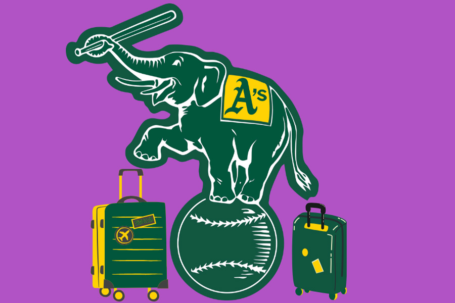 A graphic featuring the Oakland A’s mascot with bags packed ready to leave Oakland. Oakland Athletics Alternate Logo by PMell2293 licensed under CC BY 2.0. Accessed via Openverse. (Jonah Chambliss / Golden Gate Xpress)