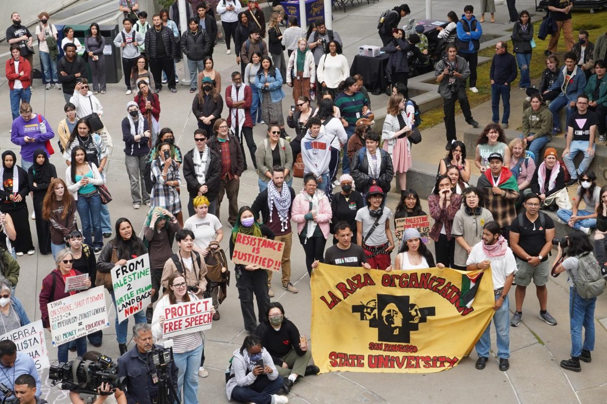 An estimated 200 people attended a rally in support of Palestine at Malcolm X Plaza on Thursday, Aug. 29, 2024. (Neal Wong / Golden Gate Xpress)