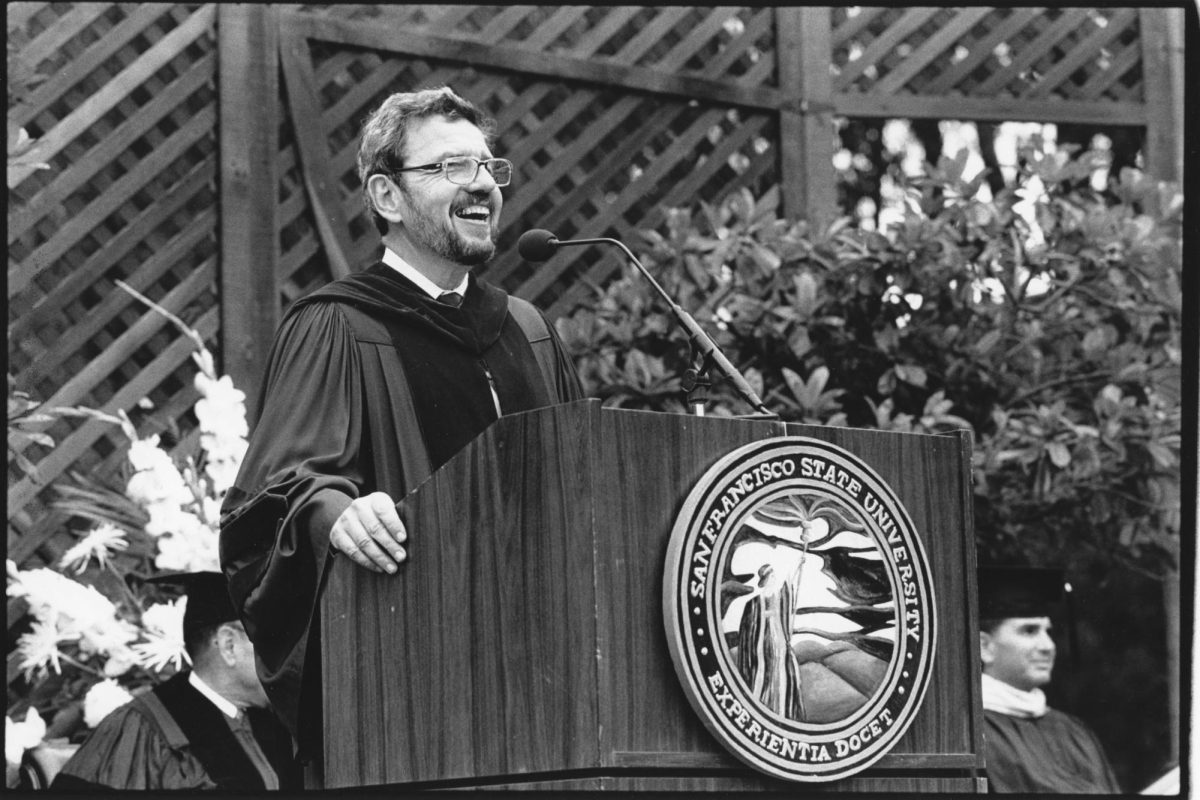 Former SFSU President Robert Corrigan speaks at an SFSU commencement ceremony. (Photo courtesy of SFSU)