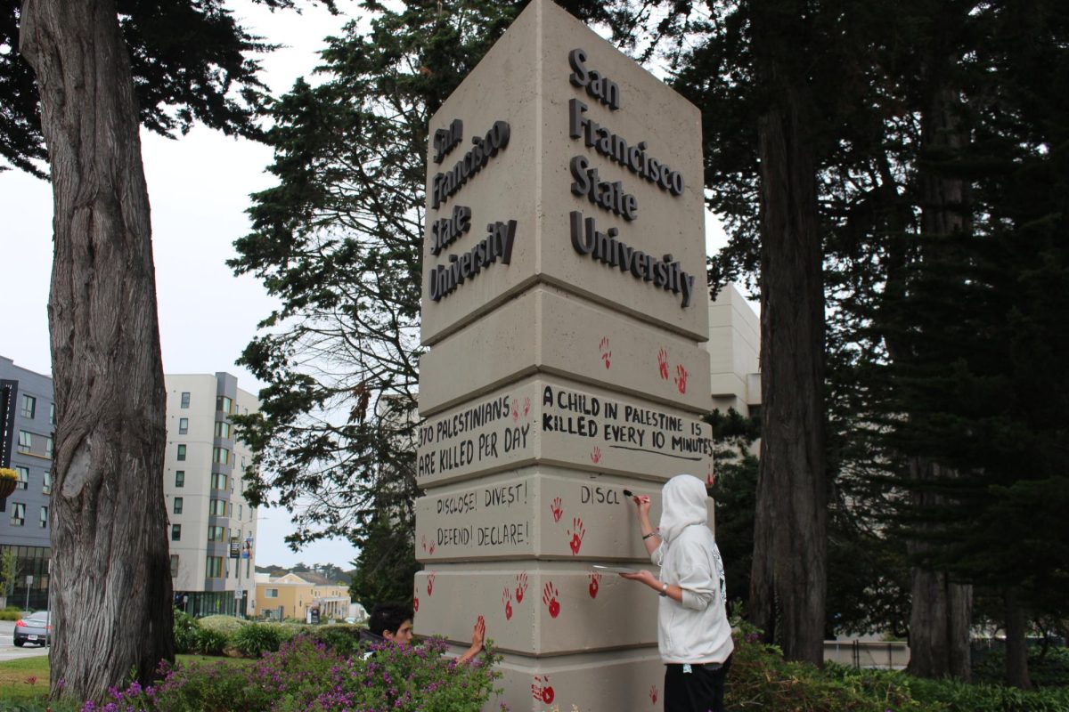 Pro-Palestine protesters paint on the SFSU sign on 19th and Holloway Avenues on May 13, 2024. The encampment, rallies and walkouts were used to disrupt the normal flow of campus to draw attention to their cause.