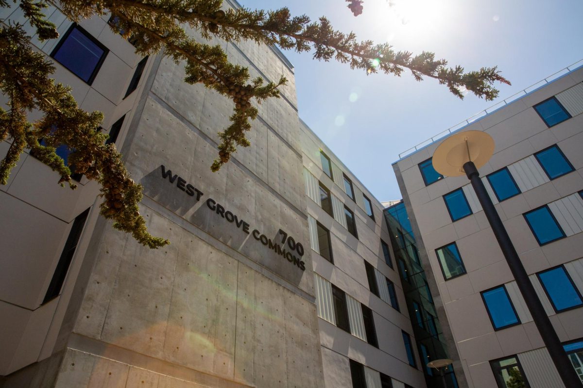 A south-facing view of the West Grove Commons on Aug. 16, 2024, just days before the first students are set to move in. (Dan Hernandez / Golden Gate Xpress)