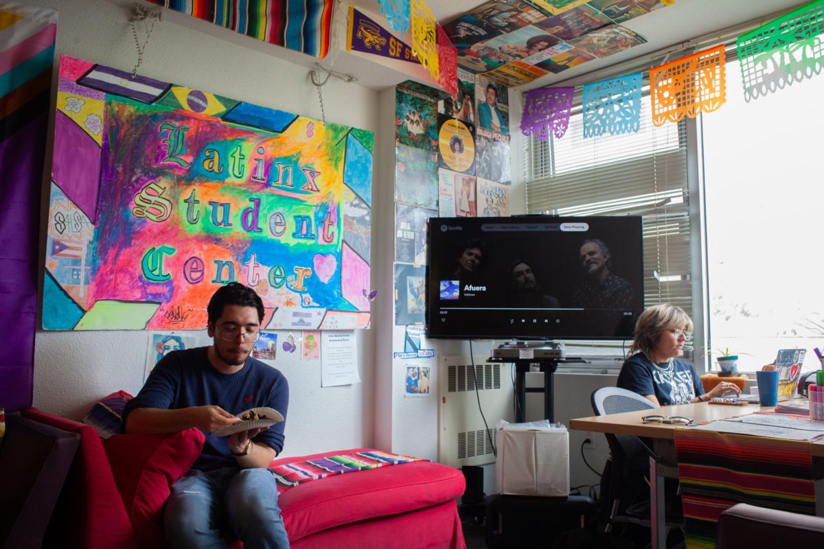 Alex Gomez (left) at the Latinx Student Center on Wednesday,  Sept. 11, 2024. The center offers students a place to meet, study, print and cook. (Jesus Arriaga / Golden Gate Xpress)