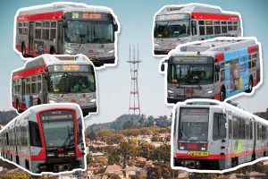 A photo illustration of Muni buses and light rail vehicles over a photo of Sutro Tower in San Francisco, Calif. (Dan Hernandez / Golden Gate Xpress)
