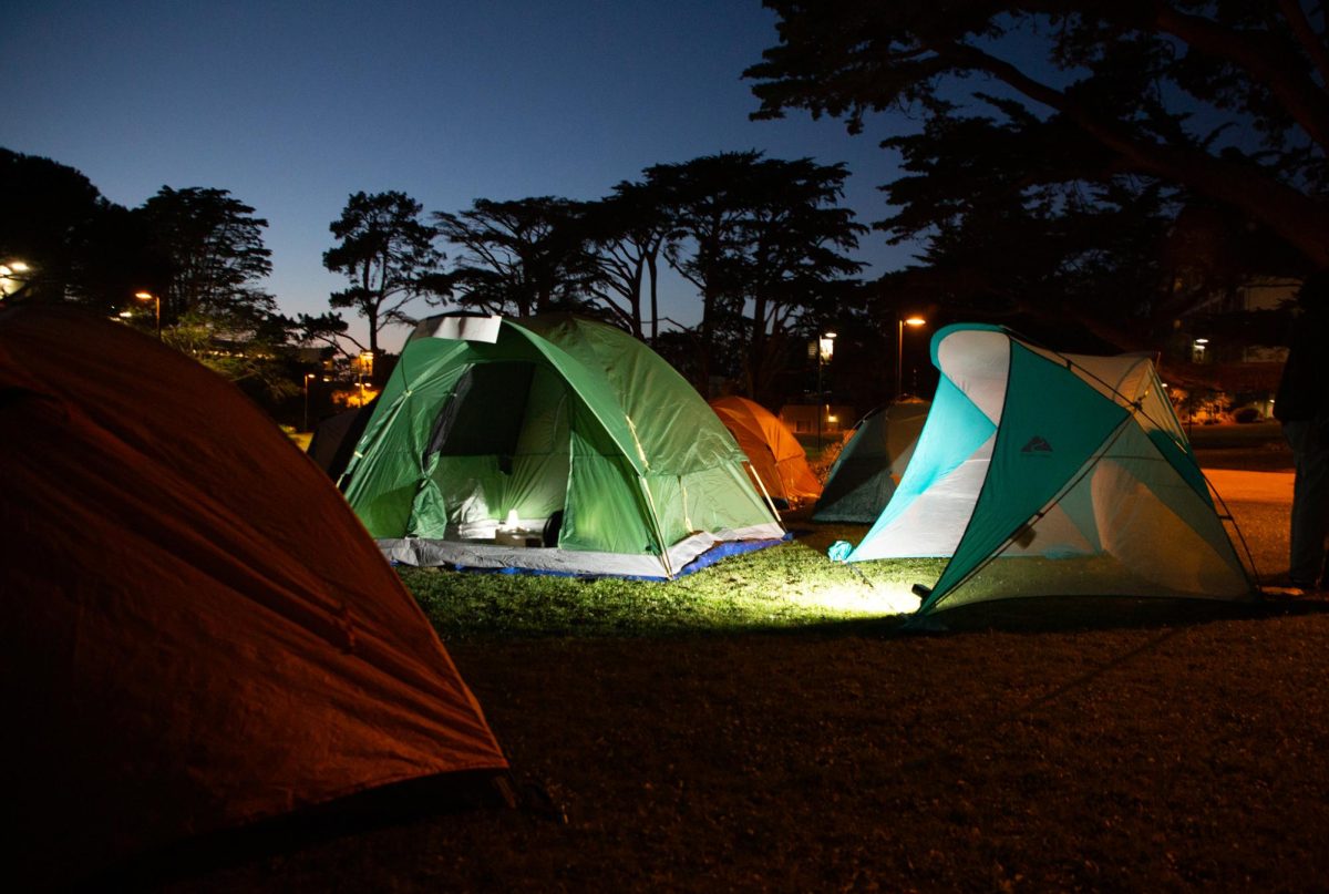 Tents set up by campers, in a demonstration organized by the General Union of Palestine Students and Students for Gaza, sit in the quad on the first night of the encampment on April 29, 2024. (Dan Hernandez / Golden Gate Xpress)