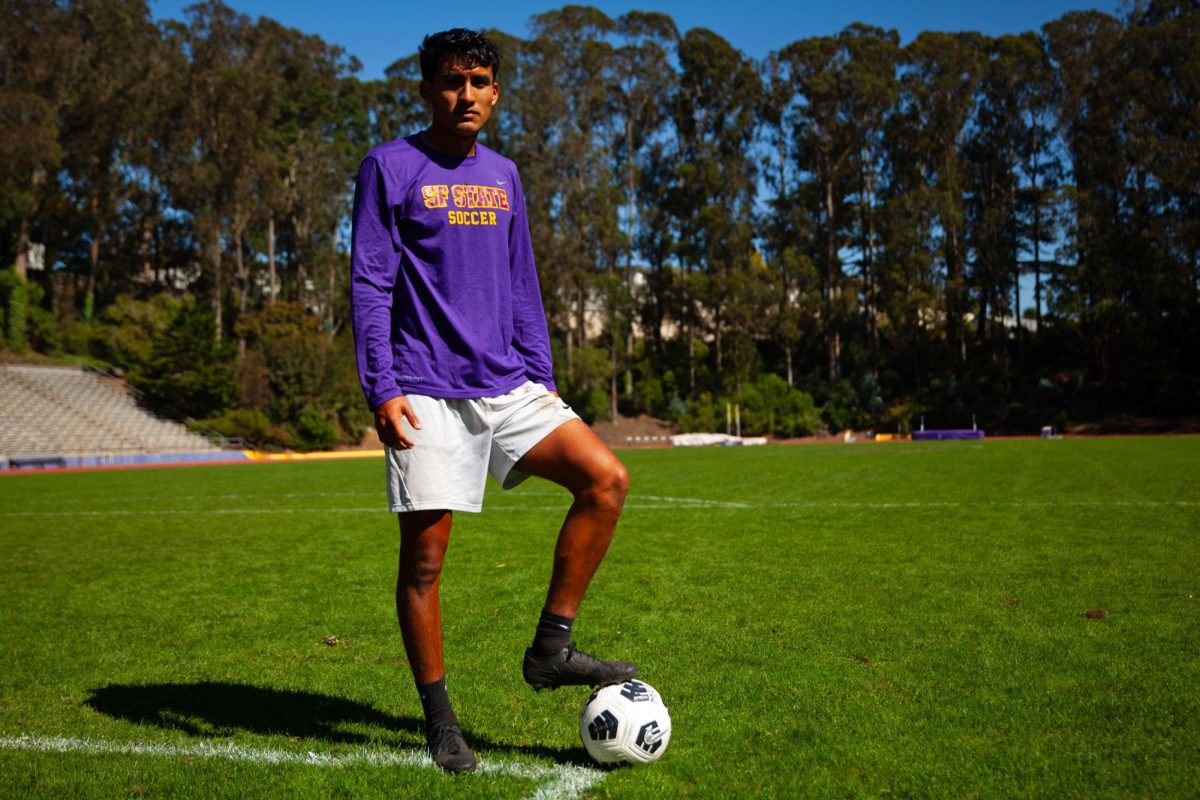 Issay Bravo, a midfielder for the San Francisco State University men’s soccer team,  poses for a portrait at Cox Stadium on Monday, Sept. 30, 2024. (Jesus Arriaga / Golden Gate Xpress)