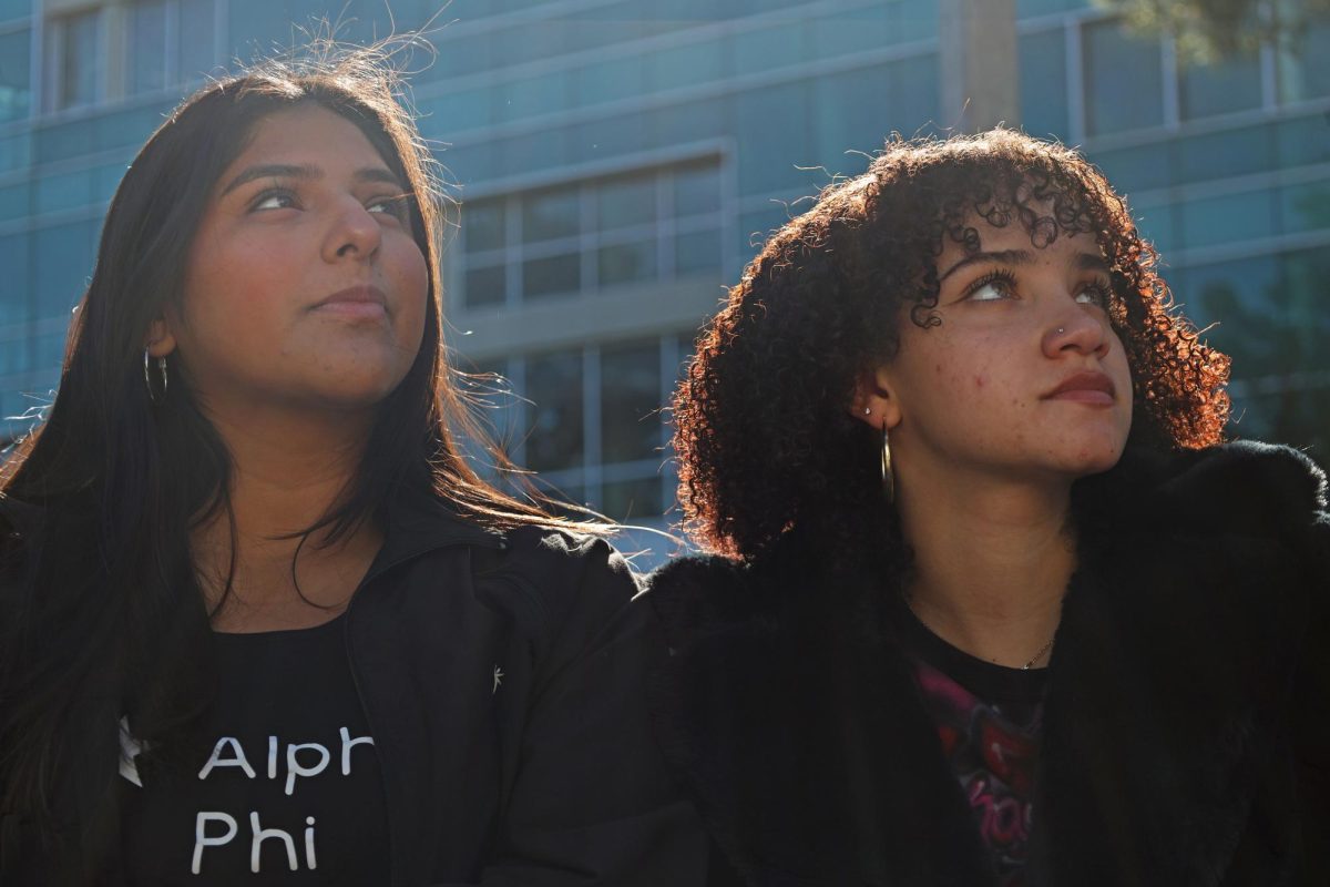 Vienna Shubin (left) and Kaylani give their thoughts on the election results in the Cesar Chavez Student Center on Nov. 6, 2024. (Gabriel Carver / Golden Gate Xpress)