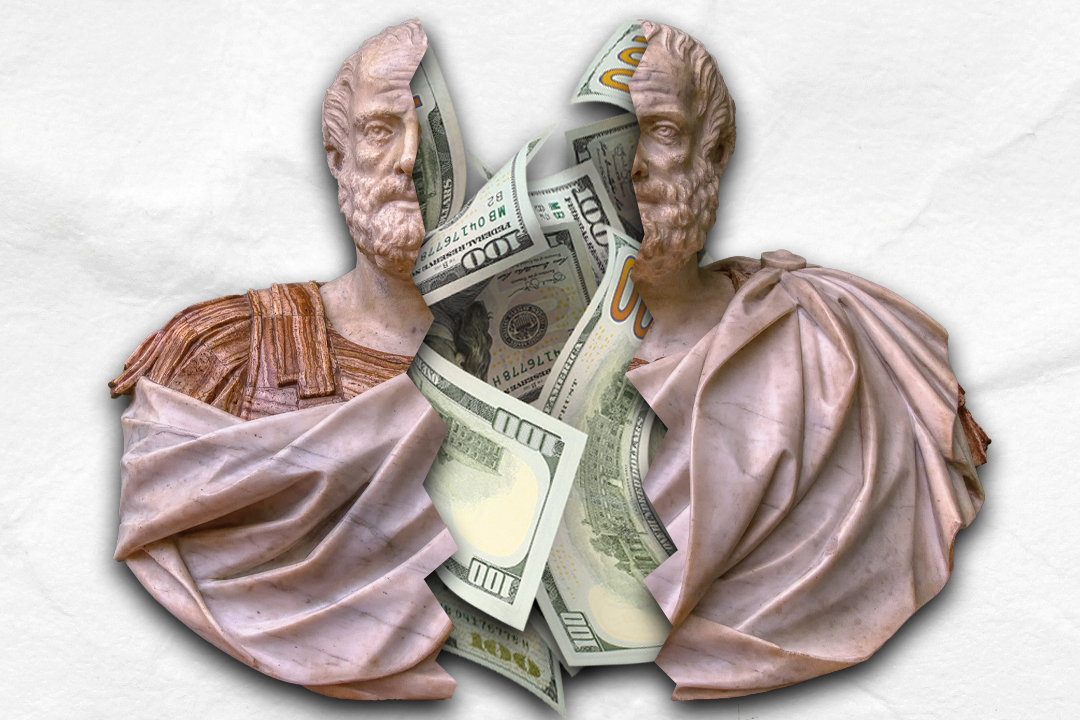 A photo illustration of Aristotle representing the cuts within and suspension of the Bachelor of Arts in Philosophy and Religion. (Andrew Fogel / Golden Gate Xpress, assets via Adobe stock)