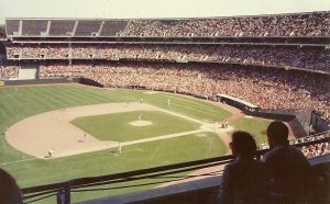 A photo of the Oakland Coliseum during a game against the Texas Rangers on Sept. 7, 1981. (Nathan Hughes Hamilton, CC BY 2.0, via Wikimedia Commons)