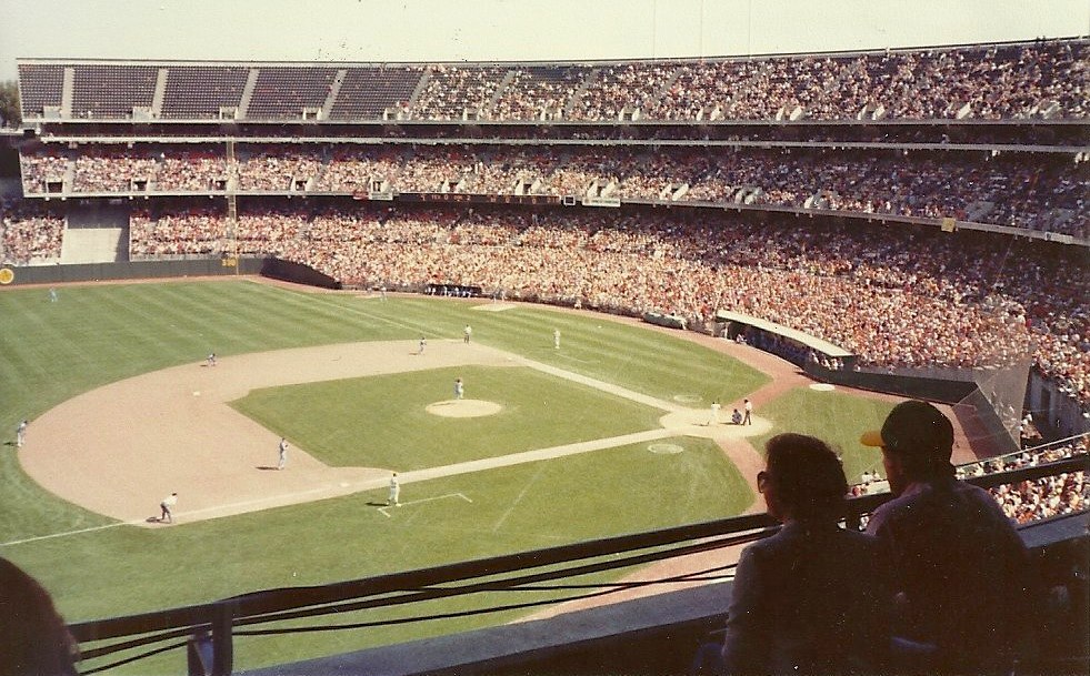 A photo of the Oakland Coliseum during a game against the Texas Rangers on Sept. 7, 1981. (Nathan Hughes Hamilton, CC BY 2.0, via Wikimedia Commons)