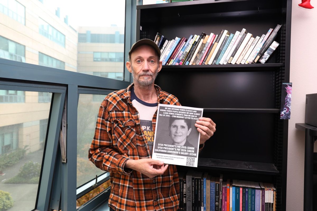 David Gill poses for a photo in his office, HUM 229, on Nov. 19, 2024. Gill has been putting up flyers with SFSU President Lynn Mahoney’s face on them for weeks due to resentment towards SFSU’s administration. (Neal Wong / Golden Gate Xpress)