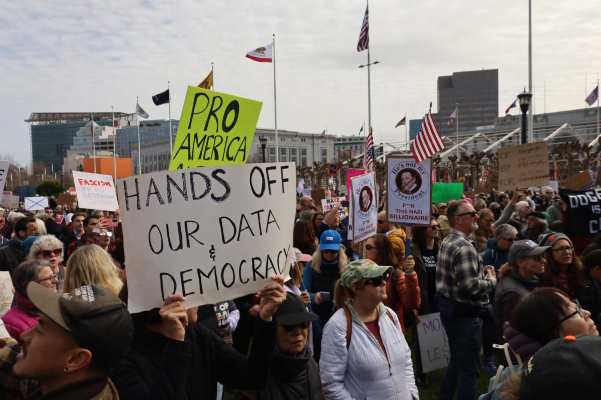 Protesters in front of City Hall on Monday, Feb. 17, 2025. (Santiago Contreras / Golden Gate Xpress)