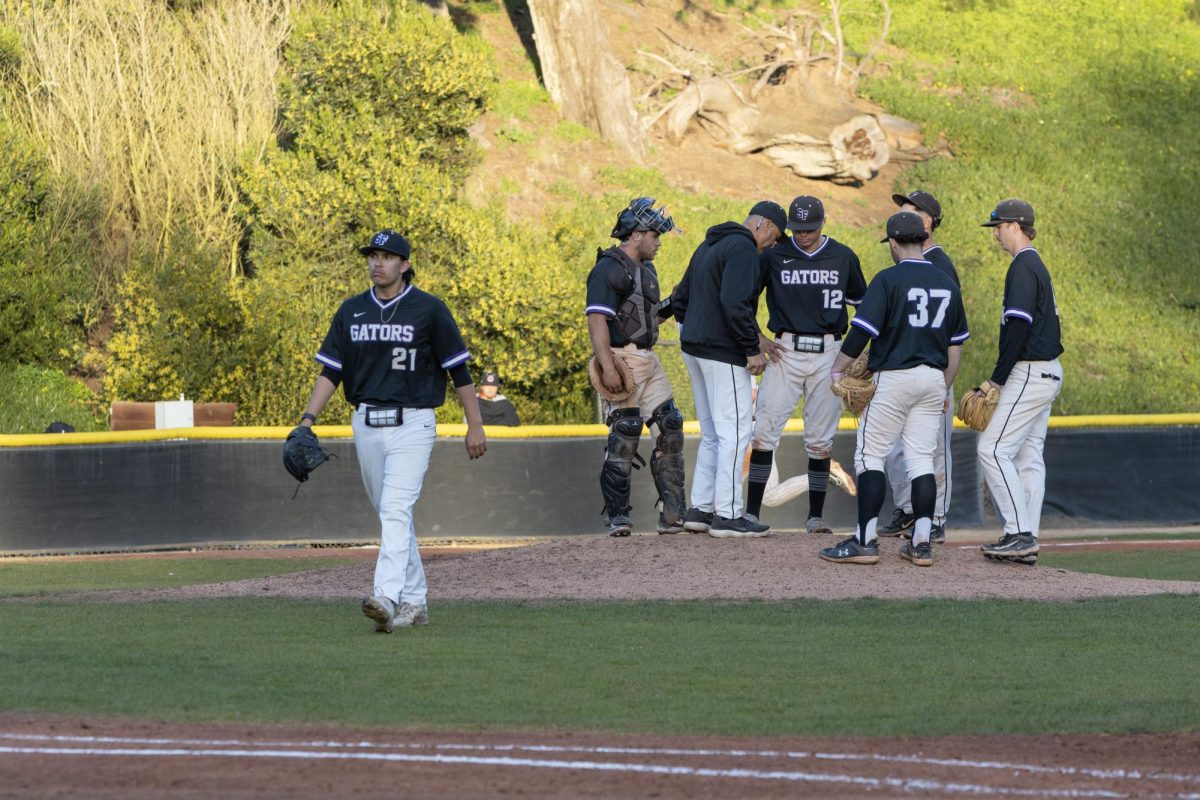 Pitcher Edrian Rangel comes out of the game in the ninth inning during the Gators’ home game with the Chico State Wildcats on Feb. 21, 2025. (Seamus Geoghegan / Golden Gate Xpress)