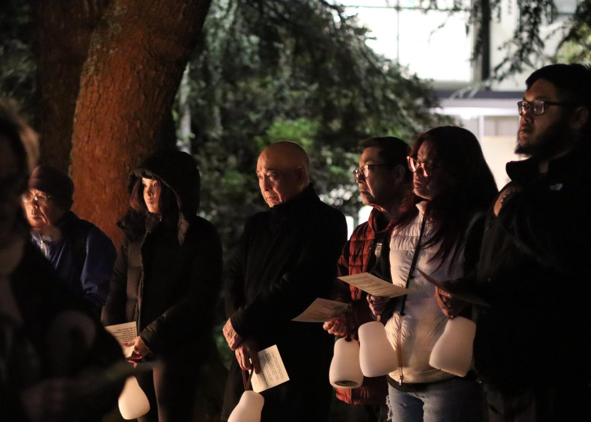 Demonstrators gather at the Ruth Asawa Garden of Remembrance ceremony during the Edison Uno Initiative for Nikkei and Uchinaanchu Studies’ Day of Remembrance event on Thursday, Feb. 19, 2026. (Eliza Arthur / Golden Gate Xpress)